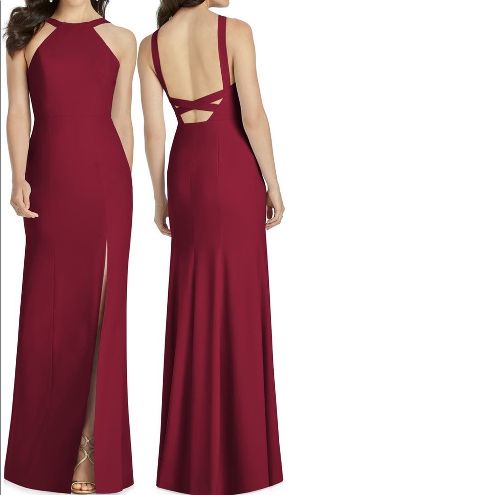 Dessy Cutaway Shoulder Crepe Column Gown